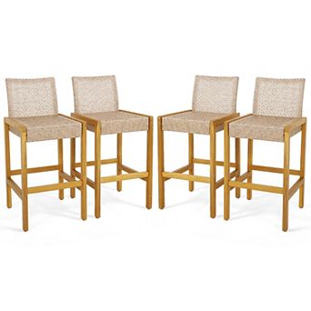 Costway Patio Wood Barstools Rattan Bar Height Chairs with Backrest Porch Balcony