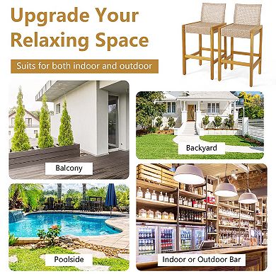 Costway Patio Wood Barstools Rattan Bar Height Chairs with Backrest Porch Balcony