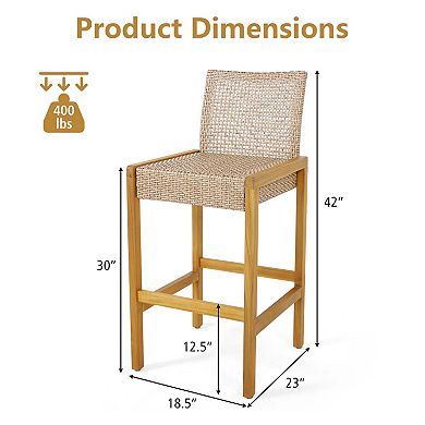 Costway Patio Wood Barstools Rattan Bar Height Chairs with Backrest Porch Balcony