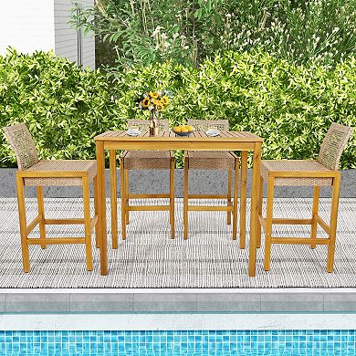 Costway Patio Wood Barstools Rattan Bar Height Chairs with Backrest Porch Balcony