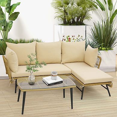Costway 3 PCS L-Shaped Patio Sofa Set Conversation Furniture with Cushions Deck Garden