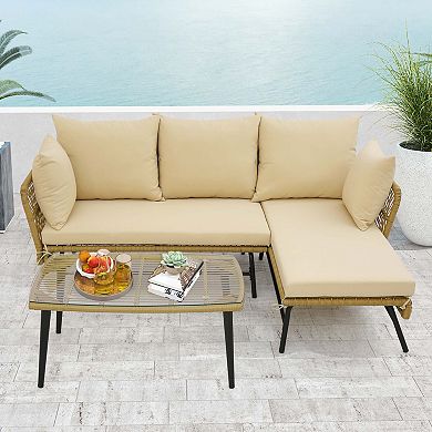 Costway 3 PCS L-Shaped Patio Sofa Set Conversation Furniture with Cushions Deck Garden