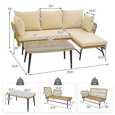 Costway 3 PCS L-Shaped Patio Sofa Set Conversation Furniture with Cushions Deck Garden