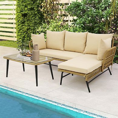 Costway 3 PCS L-Shaped Patio Sofa Set Conversation Furniture with Cushions Deck Garden
