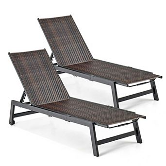 Costway Patio Galvanized Steel Chaise Lounge with Wheels Outdoor PE Rattan Recliner Chair
