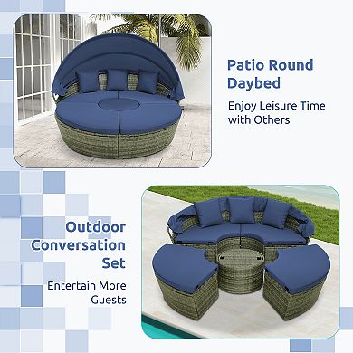Costway Patio Rattan Daybed Outdoor Sectional Seating with Side Table & Retractable Canopy