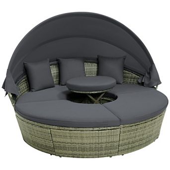 Costway Patio Rattan Daybed Outdoor Sectional Seating with Side Table & Retractable Canopy