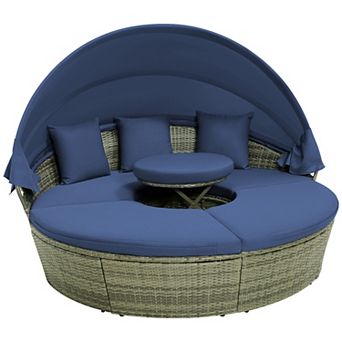 Costway Patio Rattan Daybed Outdoor Sectional Seating with Side Table & Retractable Canopy
