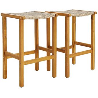 Costway Patio PE Wicker Bar Stools with Acacia Wood Frame Bar Height Chairs Poolside