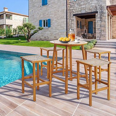 Costway Patio PE Wicker Bar Stools with Acacia Wood Frame Bar Height Chairs Poolside