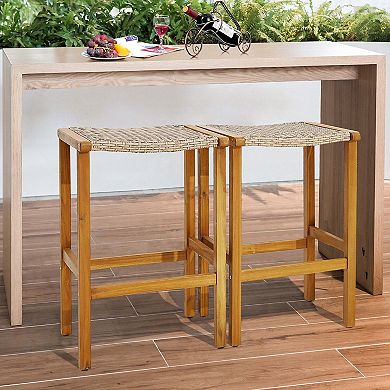 Costway Patio PE Wicker Bar Stools with Acacia Wood Frame Bar Height Chairs Poolside