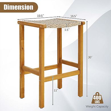 Costway Patio PE Wicker Bar Stools with Acacia Wood Frame Bar Height Chairs Poolside