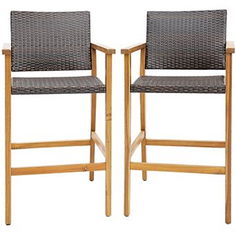 Costway Patio PE Wicker Bar Chairs Height Barstools with Acacia Wood Armrests Balcony