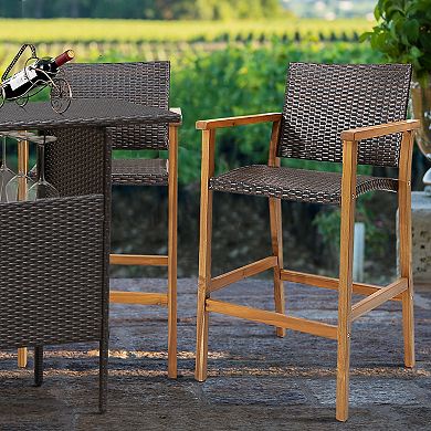 Costway Patio PE Wicker Bar Chairs Height Barstools with Acacia Wood Armrests Balcony