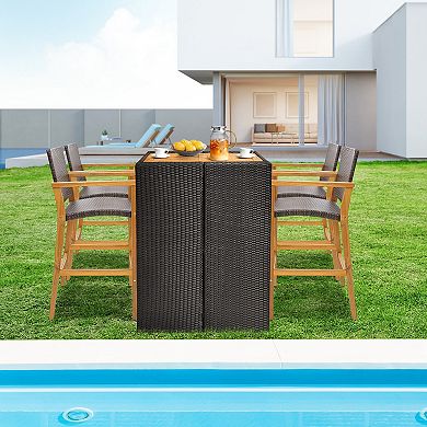 Costway Patio PE Wicker Bar Chairs Height Barstools with Acacia Wood Armrests Balcony