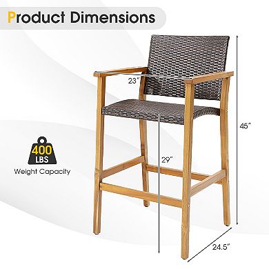 Costway Patio PE Wicker Bar Chairs Height Barstools with Acacia Wood Armrests Balcony