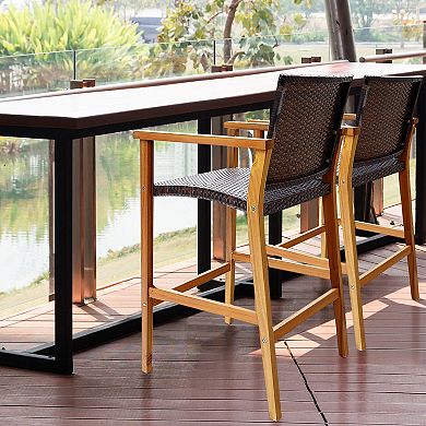 Costway Patio PE Wicker Bar Chairs Height Barstools with Acacia Wood Armrests Balcony