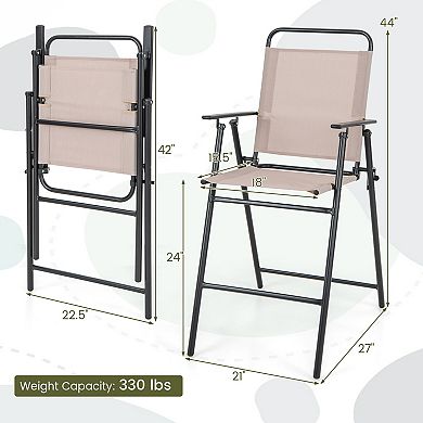 Costway Patio Folding Bar-height Chairs with Armrests Quick-drying Seat Beige Backyard