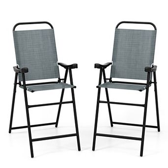 Costway 2 pc Patio Bar Chair Folding Bar Height Metal Frame with Footrest Garden
