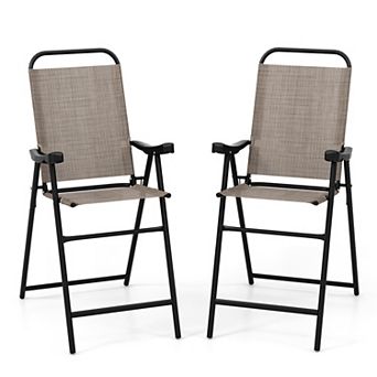 Costway 2 pc Patio Bar Chair Folding Bar Height Metal Frame with Footrest Garden
