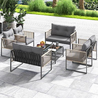 Costway Patio Furniture Set PE Rattan Conversation Sofa Set with Thick Cushions
