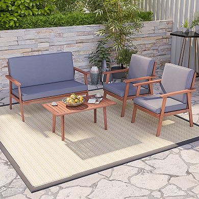 Costway 4 PCS Patio Conversation Set Acacia Wood Sofa Coffee Table with Cushioned Seat