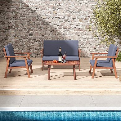 Costway 4 PCS Patio Conversation Set Acacia Wood Sofa Coffee Table with Cushioned Seat