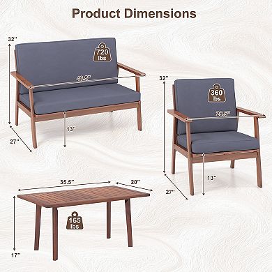 Costway 4 PCS Patio Conversation Set Acacia Wood Sofa Coffee Table with Cushioned Seat