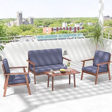 Costway 4 PCS Patio Conversation Set Acacia Wood Sofa Coffee Table with Cushioned Seat