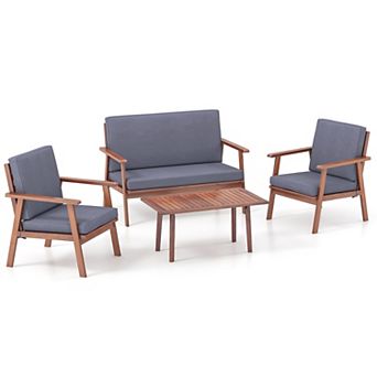 Costway 4 pc Patio Conversation Set Acacia Wood Sofa Coffee Table with Cushioned Seat