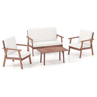 Costway 4 pc Patio Conversation Set Acacia Wood Sofa Coffee Table with Cushioned Seat