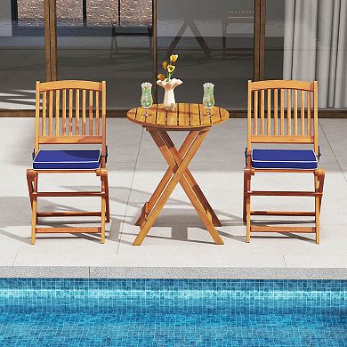 Costway 3 PCS Acacia Wood Patio Bistro Set Folding Table & Chairs Set with Cushions