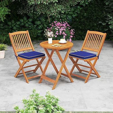 Costway 3 PCS Acacia Wood Patio Bistro Set Folding Table & Chairs Set with Cushions