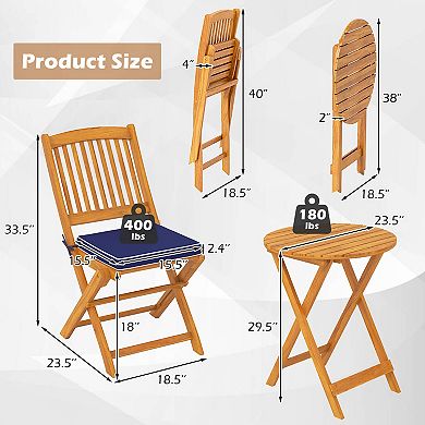 Costway 3 PCS Acacia Wood Patio Bistro Set Folding Table & Chairs Set with Cushions