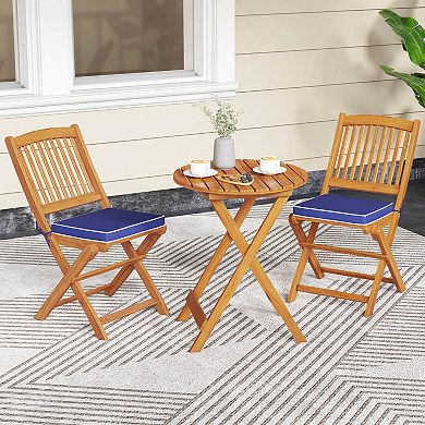 Costway 3 PCS Acacia Wood Patio Bistro Set Folding Table & Chairs Set with Cushions