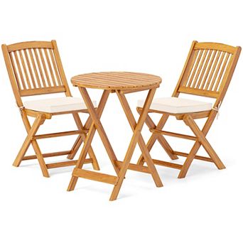 Costway 3 pc Acacia Wood Patio Bistro Set Folding Table & Chairs Set with Cushions