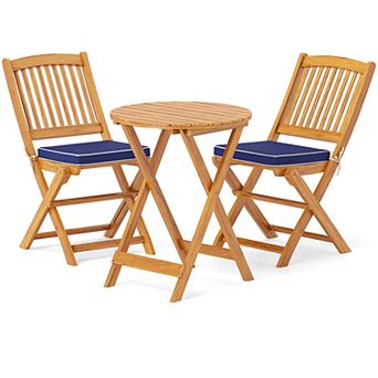 Costway 3 pc Acacia Wood Patio Bistro Set Folding Table & Chairs Set with Cushions