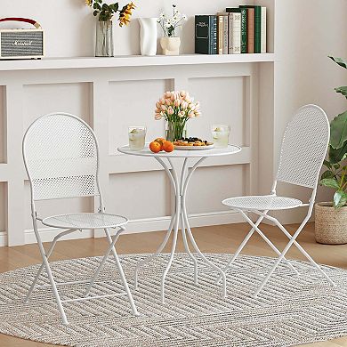 Costway 3 PCS Metal Bistro Set Round Table & 2 Folding Chairs with Rattan-Like Pattern