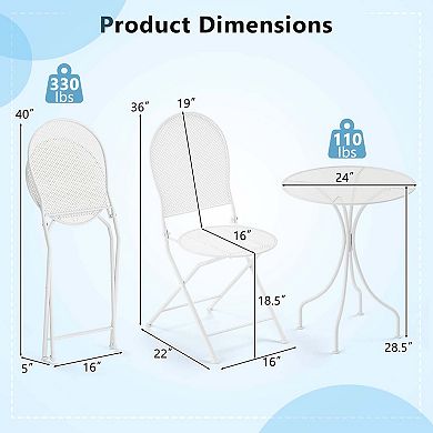 Costway 3 PCS Metal Bistro Set Round Table & 2 Folding Chairs with Rattan-Like Pattern