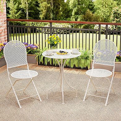 Costway 3 PCS Metal Bistro Set Round Table & 2 Folding Chairs with Rattan-Like Pattern