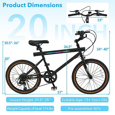 Costway 20 Inch LED-lit Cycling Bike with 2 Speakers, Ambient Lights, Wireless Connection