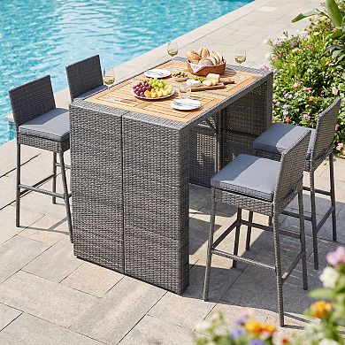 Costway 5-Piece Patio PE Wicker Bar Set Outdoor Acacia Wood Dining Table Stool Bistro