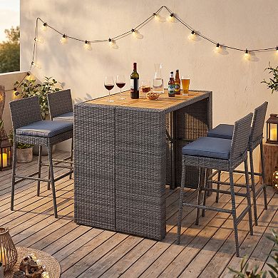 Costway 5-Piece Patio PE Wicker Bar Set Outdoor Acacia Wood Dining Table Stool Bistro