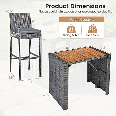 Costway 5-Piece Patio PE Wicker Bar Set Outdoor Acacia Wood Dining Table Stool Bistro