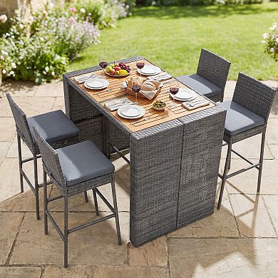 Costway 5-Piece Patio PE Wicker Bar Set Outdoor Acacia Wood Dining Table Stool Bistro