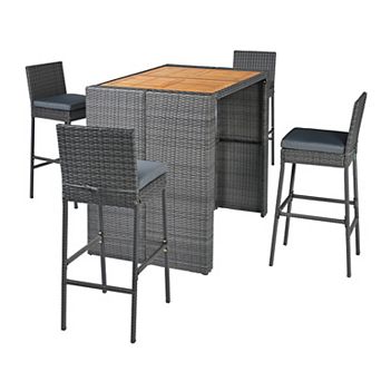 Costway 5 pc Patio PE Wicker Bar Set Outdoor Acacia Wood Dining Table Stool Bistro