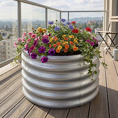 Costway 24” x 24” x 17” Galvanized Raised Garden Bed, Round Outdoor Planter Box w/ Open-Ended Base