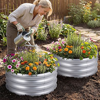 Costway 24” x 24” x 11.5” Galvanized Raised Garden Bed Round Outdoor Planter Box w/ Open-Ended Base