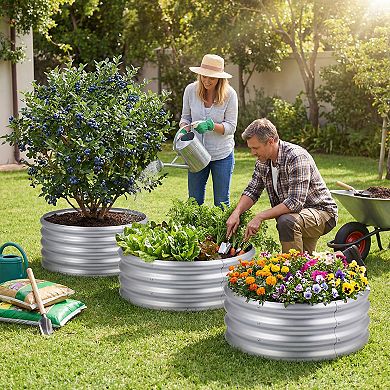 Costway 24” x 24” x 11.5” Galvanized Raised Garden Bed Round Outdoor Planter Box w/ Open-Ended Base