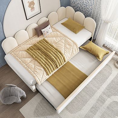 Merax Twin Size Upholstered Daybed with Pull-Out Trundle, Sofa Bed for Guest Room